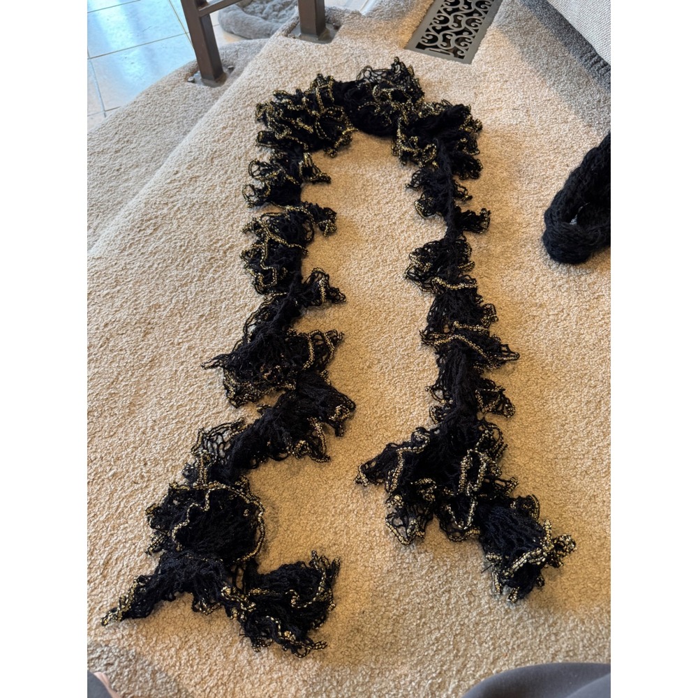 Black Gold Metallic Ruffle Knit Scarf Long Mesh Textured Statement Accessory